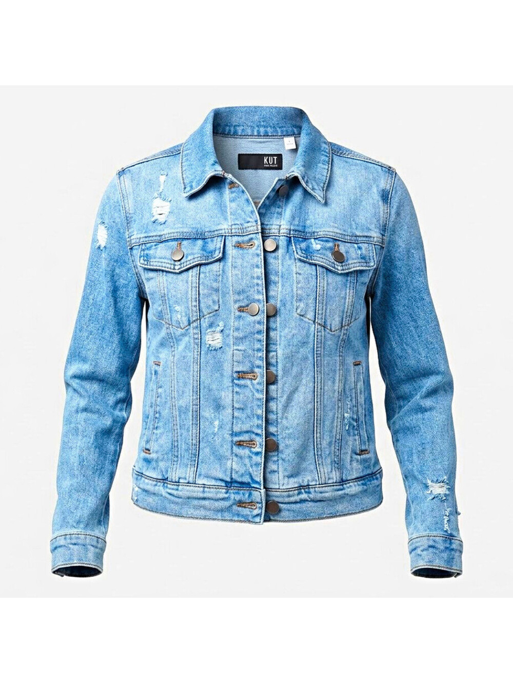KUT From The Kloth Women's Blue Distressed Button Front Jean Jacket Stretch XS
